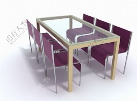 暗红6座餐桌椅组合3D模型