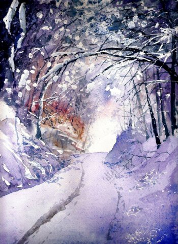 油画积雪的路图片