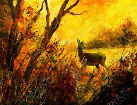 油画丛林鹿影图片