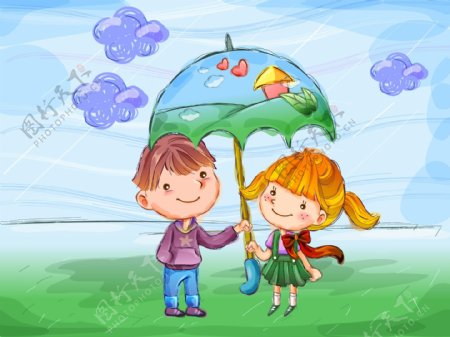 童年卡通插画伞下的小情侣
