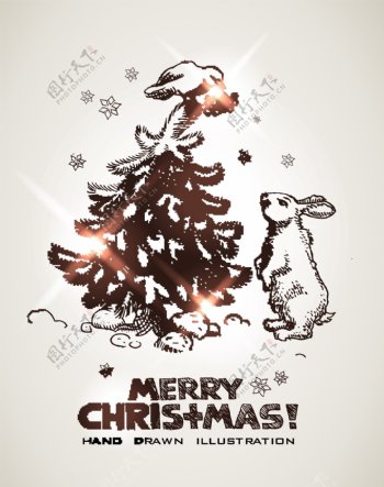 手绘圣诞树小白兔图片
