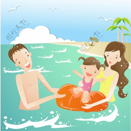 幸福家庭海邊戲水