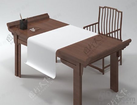 3D中式棕木书桌模型