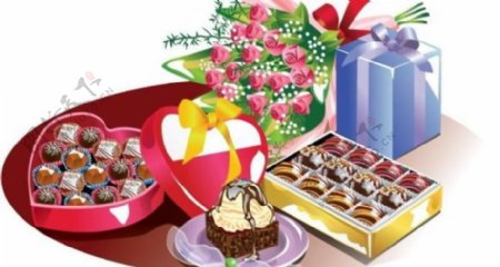 情人节巧克力鲜花矢量素材图片