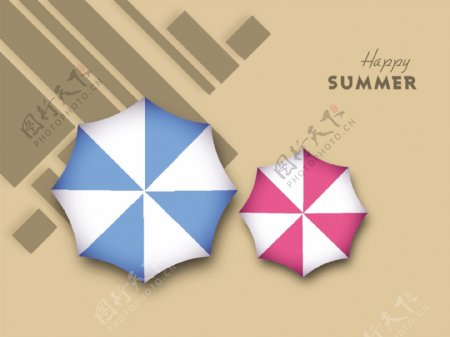 摘要背景与五颜六色的雨伞和快乐的暑假文本