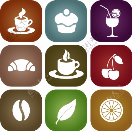 矢量饮食图标简单饮食图标圆角方形图标咖啡豆柠檬树叶咖啡苹果冷饮eps