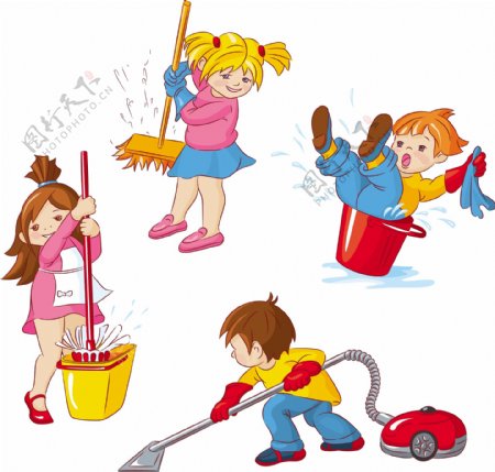 卡通孩子打扫卫生