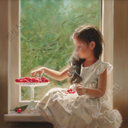 油画坐在窗台上吃樱桃的外国女孩