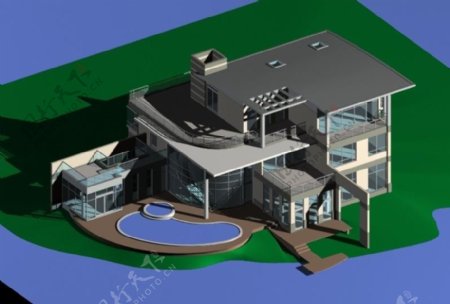 带游泳池的现代风格别墅模型图片