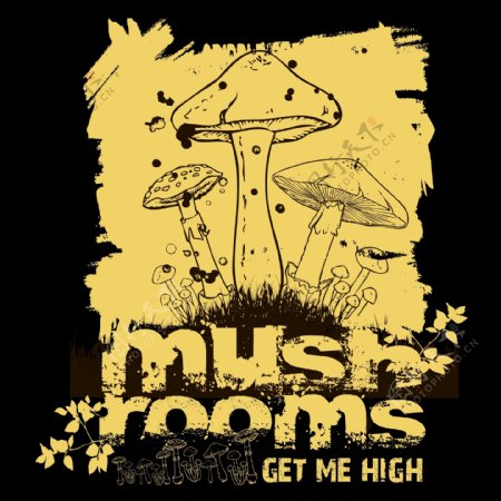 印花矢量图T恤图案图文结合植物蘑菇免费素材