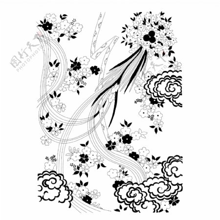 印花矢量图成熟优雅女装植物花纹黑白色免费素材