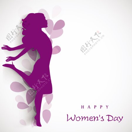 三八妇女节贺卡或海报以花装饰的灰色背景舞姿女孩紫色轮廓设计