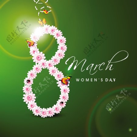 三八妇女节贺卡或海报与时尚的文本第八三月由绿底粉红色花的装饰设计