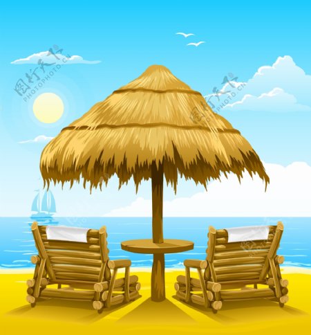 艳阳夏日海滩椰树遮阳伞和躺椅图片
