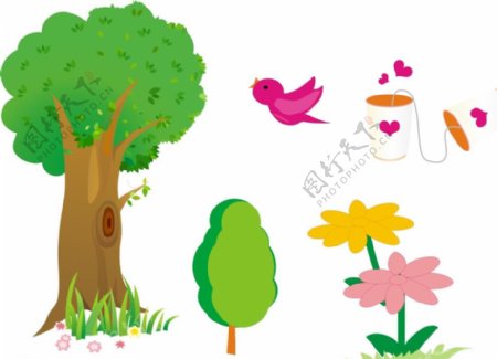 树木花朵插画图片