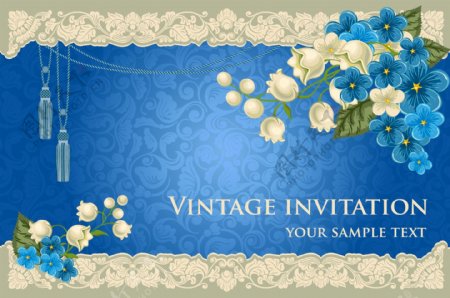 优雅蓝色花卉装饰邀请卡矢量素材