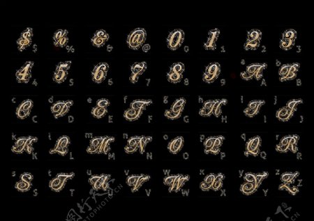 钻石镶嵌在英文字母阿拉伯数字和符号矢量