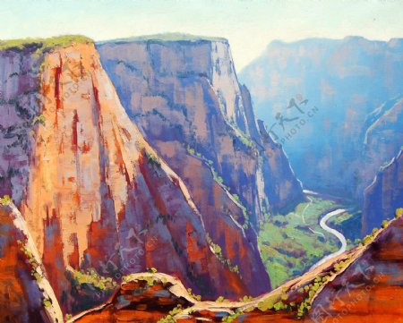 油画峡谷峭壁图片