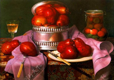 油画餐桌上的梨子图片