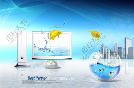 电脑显示器和玻璃鱼缸