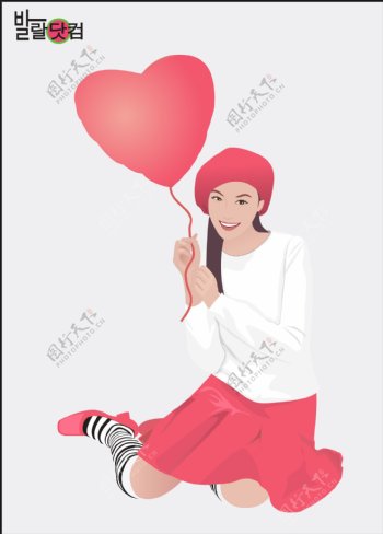 拿著爱心形气球坐著的女人