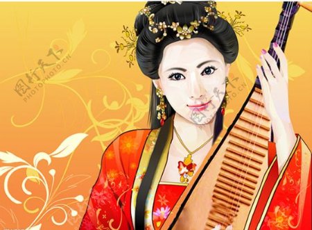 中国古典弹琵琶美女矢量素材