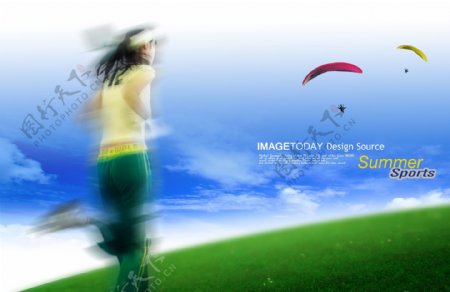 夏天草地草坪蓝天白云跑步运动员降落伞psd分层素材源文件09韩国设计元素