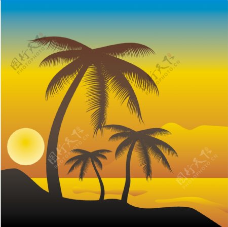 热带海滩日落向量的场景