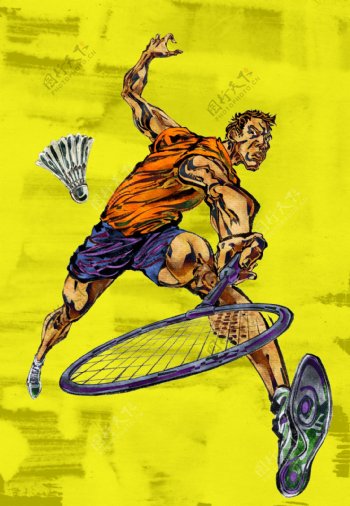 黄色背景打网球的男子psd图