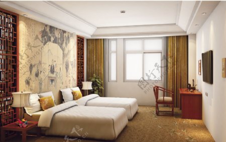 中式酒店卧室风格效果图