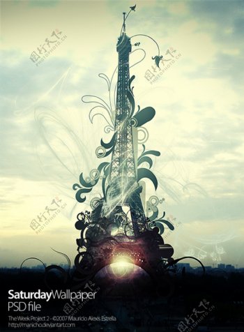 巴黎铁塔花纹元素psd分层素材