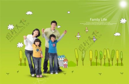 绿色卡通背景幸福家庭psd海报素材
