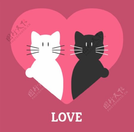 爱心中的黑猫与白猫矢量素材