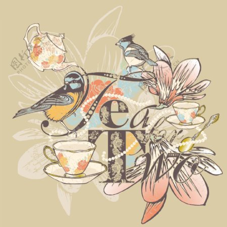 印花矢量图图文结合小鸟杯子茶壶免费素材