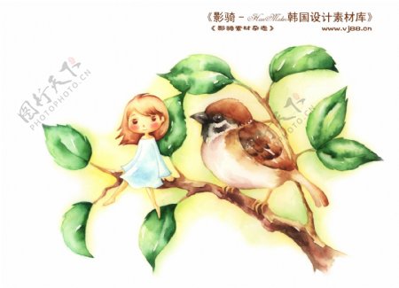 HanMaker韩国设计素材库背景卡通漫画淡彩儿童女孩树枝枝头鸟