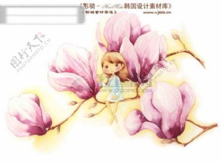 HanMaker韩国设计素材库背景卡通漫画淡彩儿童女孩花
