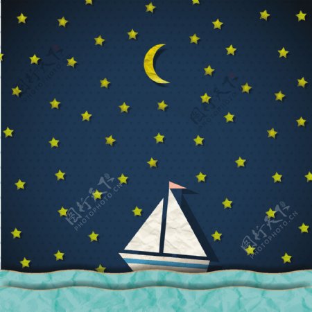 帆船在夜间矢量艺术纸