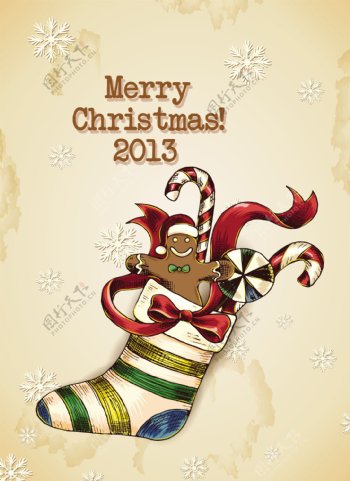 圣诞节插画矢量与圣诞袜子糖果的弓和丝带