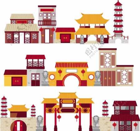 设计素材多款可爱复古风格中国古建筑矢量
