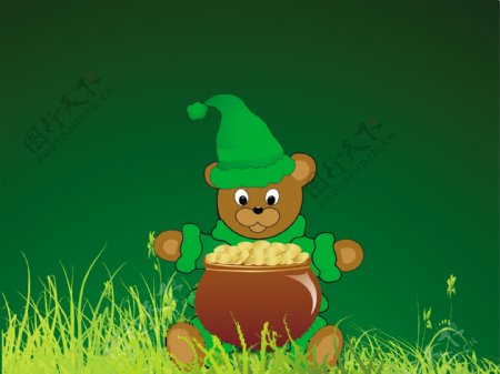 快乐的圣巴特里克节概念与泰迪熊保持传统泥罐金币在绿色背景的全
