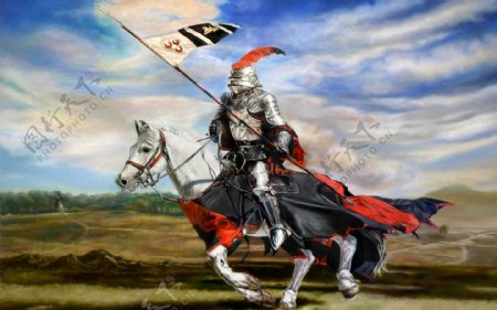 欧洲中世纪骑士骑马飞奔油画大图