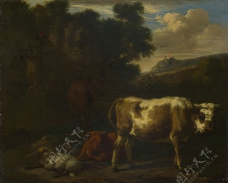 两个牛犊一只绵羊和一匹马图片
