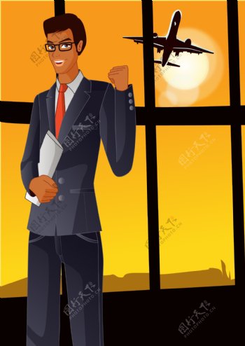 卡通男性窗外飞机插画图