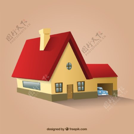 卡通立体红色屋顶房屋