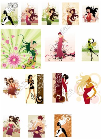 15款时尚女性与花纹插画矢量素材图片