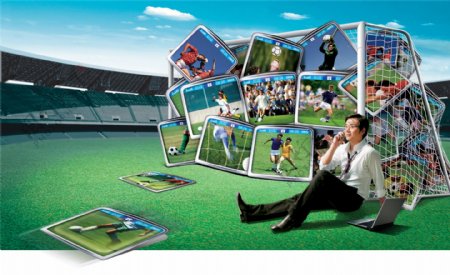 龙腾广告平面广告PSD分层素材源文件设计元素类足球场射门男性蓝天白云笔记本