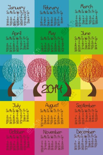 2014年抽象树木日历矢量素材