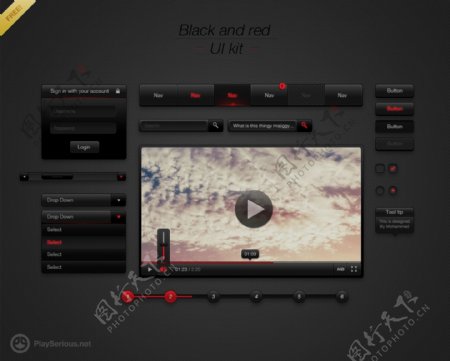 黑色和红色的Web用户界面工具箱PSD