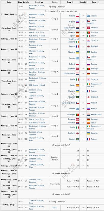 2012欧洲杯的时间表向量