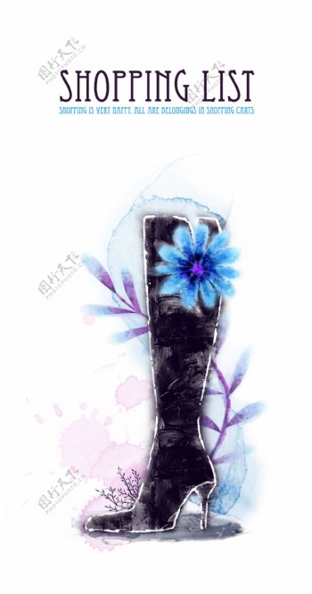 女士长筒靴上的蓝色花朵插画
